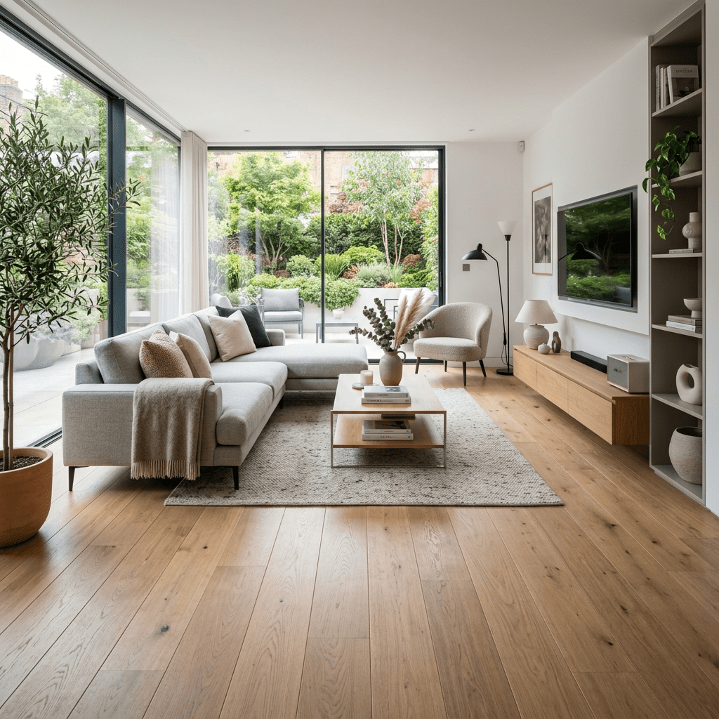 Bright modern living room with light gray sofa, wooden floor, and large garden-facing windows