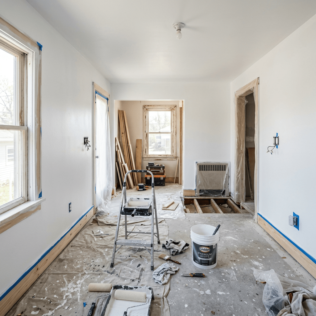 Room under renovation with paint supplies and exposed floor joists