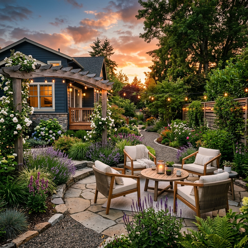Outdoor patio with cushioned chairs, wooden table, garden flowers, and string lights at sunset